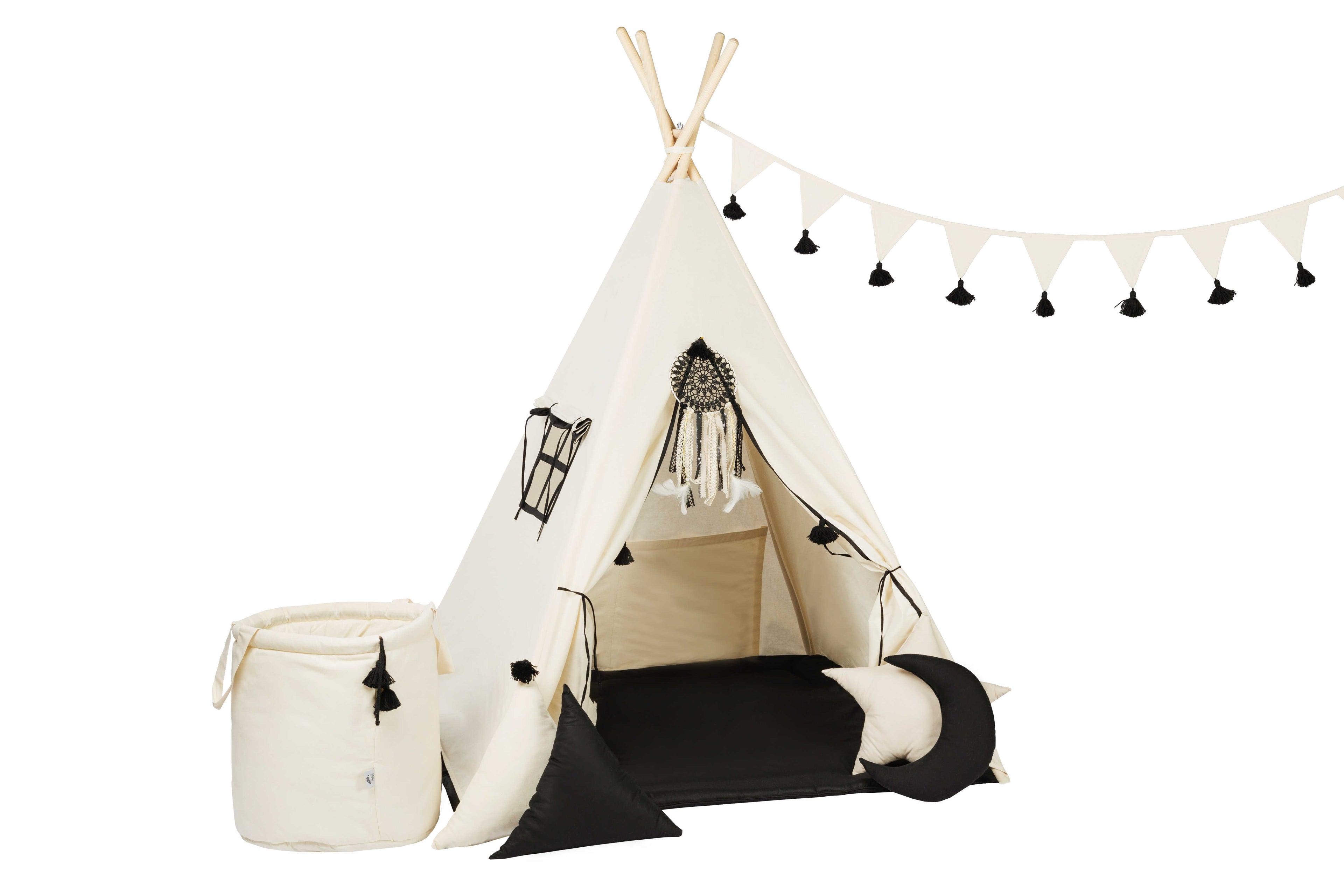 Kids Teepee - Cream & Black Tassels