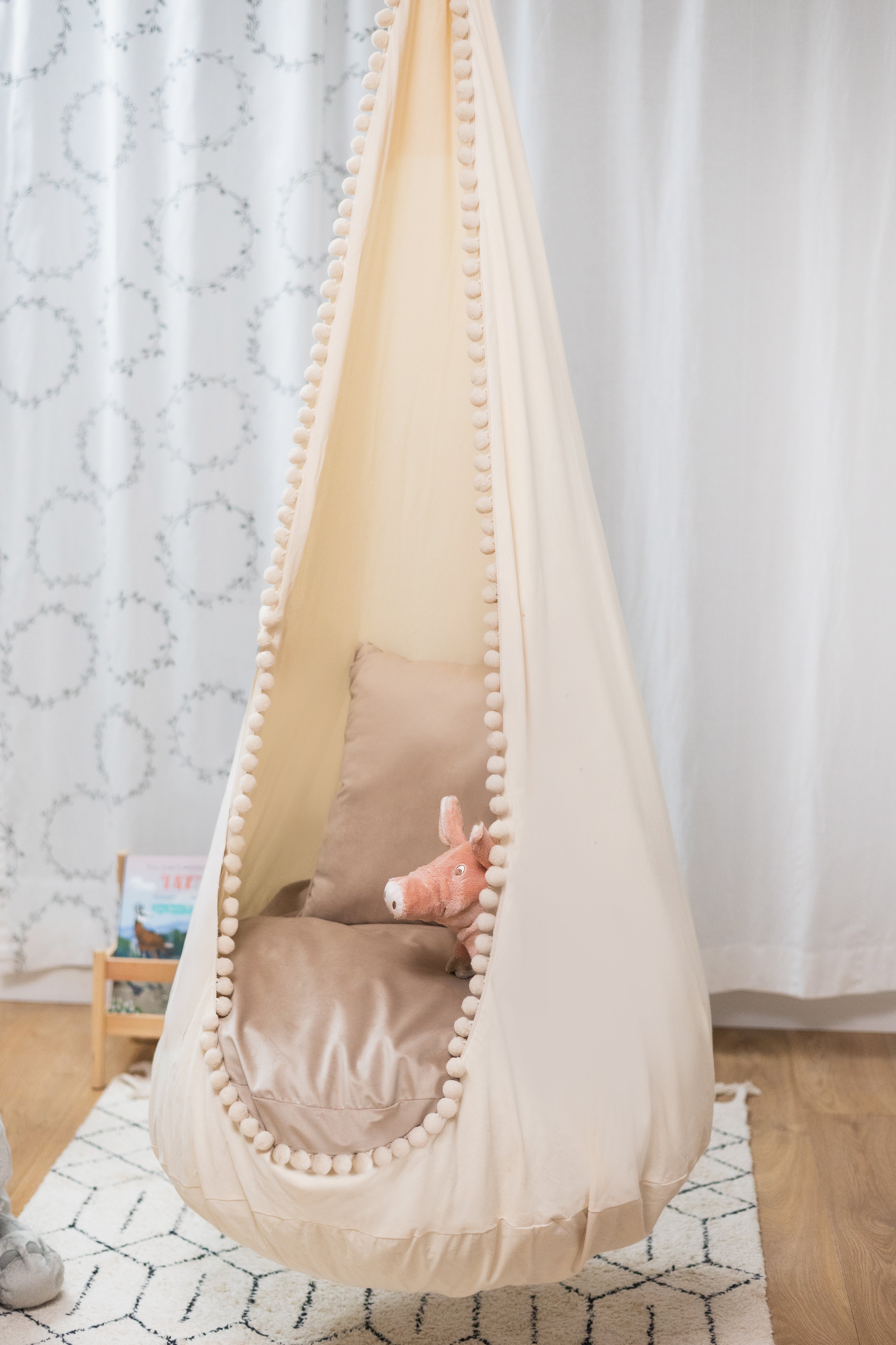 cream and beiige cocoon swing | kids cocoon swing | hanging cocoon swings | indoor swing | kids hanging chair swing | cream cocoon swing for kids |