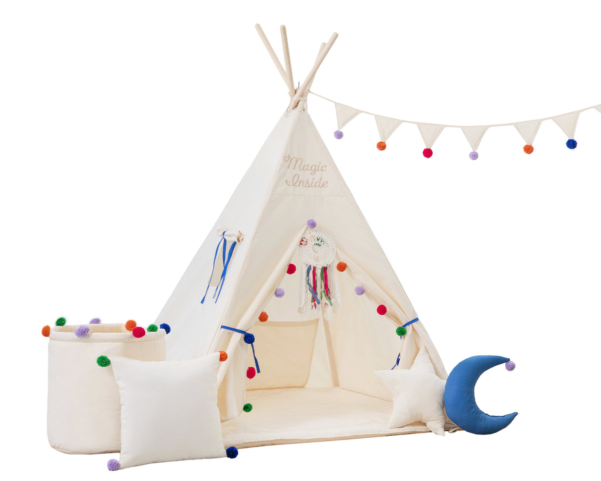 Cream Teepee Tent | Teepee with Pom-poms | Kids Teepee | Teepee Tent for Kids | Kids Teepee Tent | Cream Teepee | Baby Teepee | Teepees for Girls | Teepees for Boys | Cream Tent | Teepees for Kids | Teepee | Tipi |