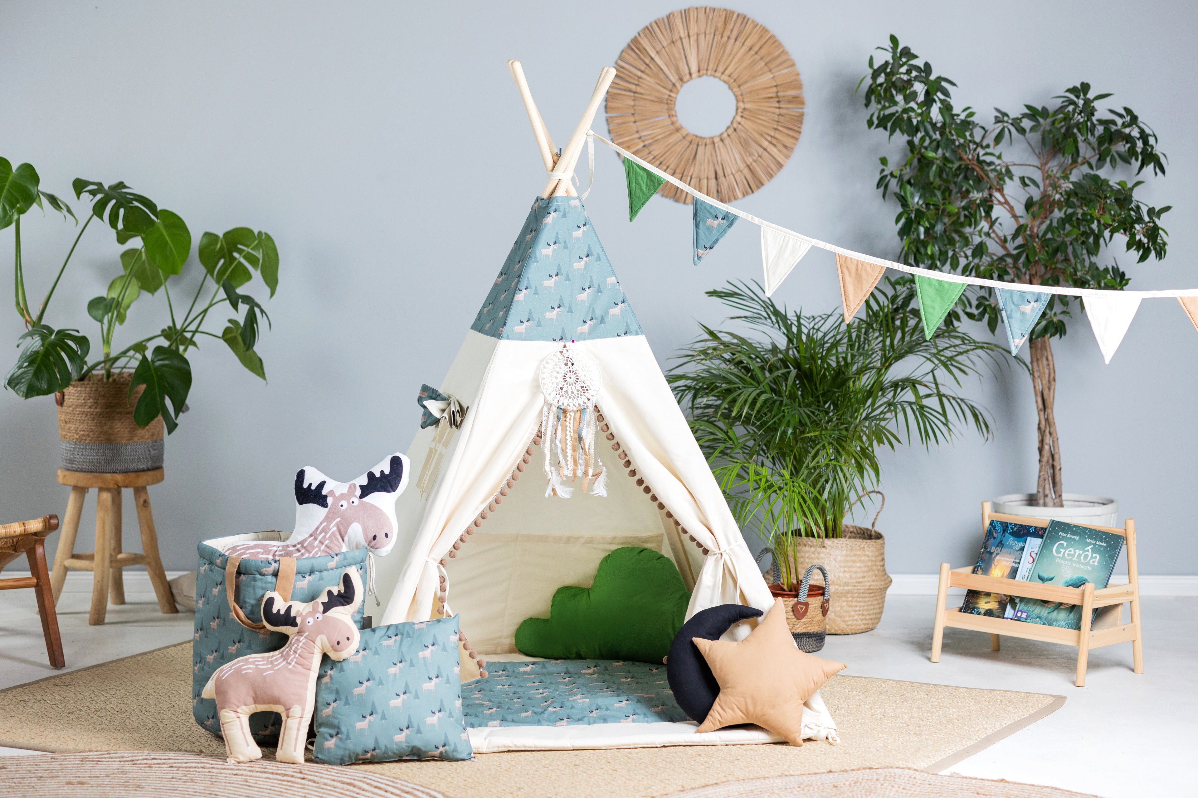 Cream & Green Teepee Tent with Deers | Teepee Cream | Kids Teepee | Teepee Tent for Kids | Teepee Tent for Babies & Toddlers | Cream Tent | Kids Teepee Tent | Teepee Tent for Boys & Girls |