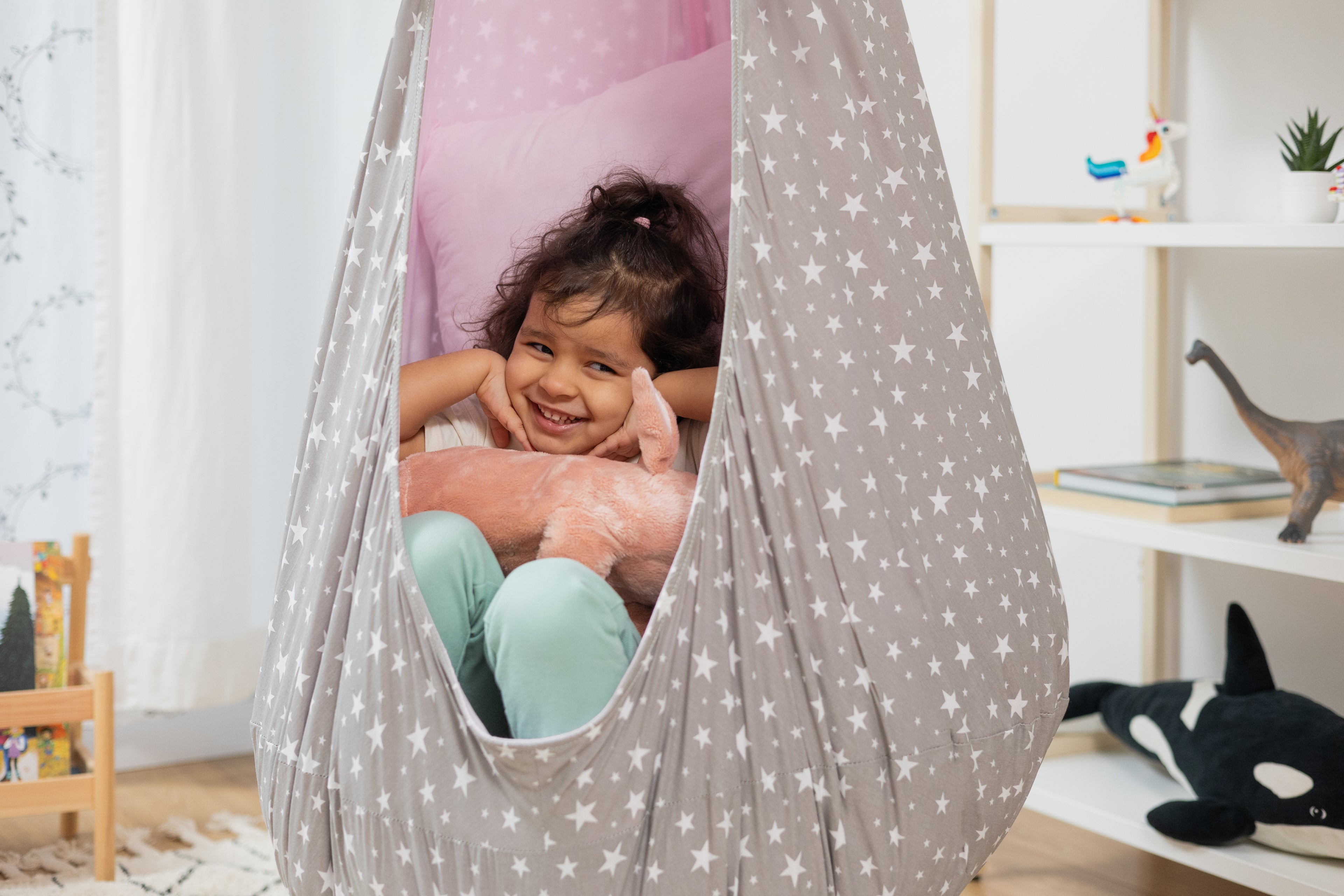 grey and pink cocoon swing with stars | kids cocoon swing | hanging cocoon swings | indoor swing | kids hanging chair swing | pink cocoon swing for kids |