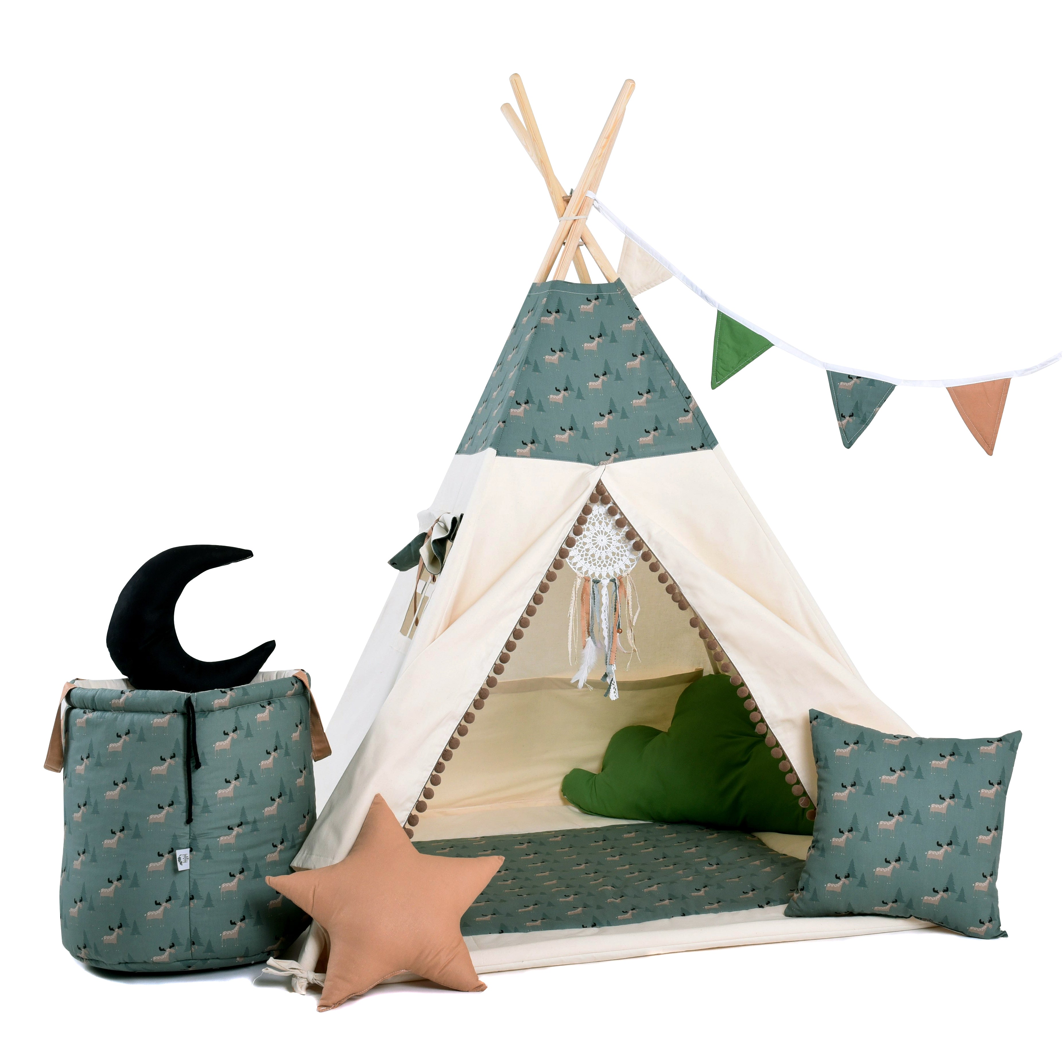 Cream & Green Teepee Tent with Deers | Teepee Cream | Kids Teepee | Teepee Tent for Kids | Teepee Tent for Babies & Toddlers | Cream Tent | Kids Teepee Tent | Teepee Tent for Boys & Girls |