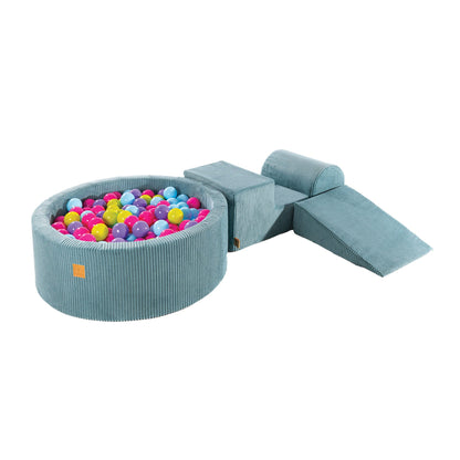 Turquoise Corduroy Soft Play Set + Ball Pit + Balls | MeowBaby® Foam climbing blocks for toddlers Turquoise Corduroy 3 elements with Round Ball Pit + Balls |