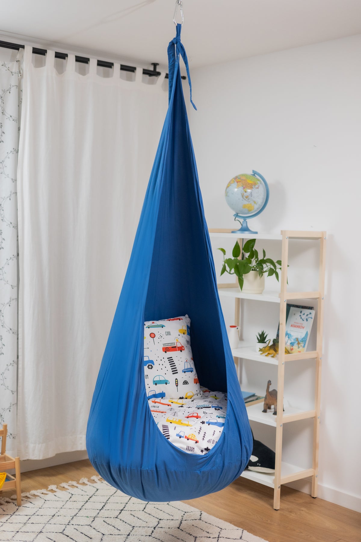 blue with cars cocoon swing | kids cocoon swing | hanging cocoon swings | indoor swing | kids hanging chair swing | blue with cars cocoon swing for kids |
