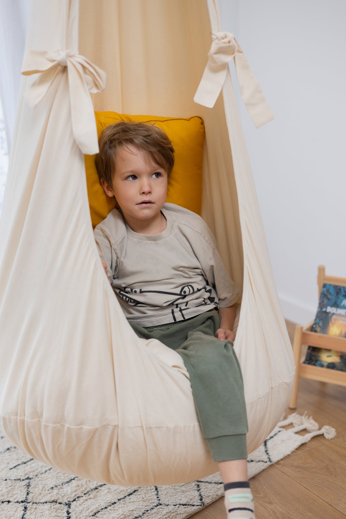 cream cocoon swing | kids cocoon swing | hanging cocoon swings | indoor swing | kids hanging chair swing | cream cocoon swing for kids |