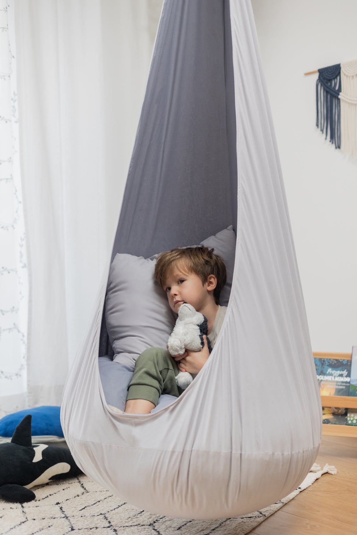 grey cocoon swing | kids cocoon swing | hanging cocoon swings | indoor swing | kids hanging chair swing | grey cocoon swing for kids |