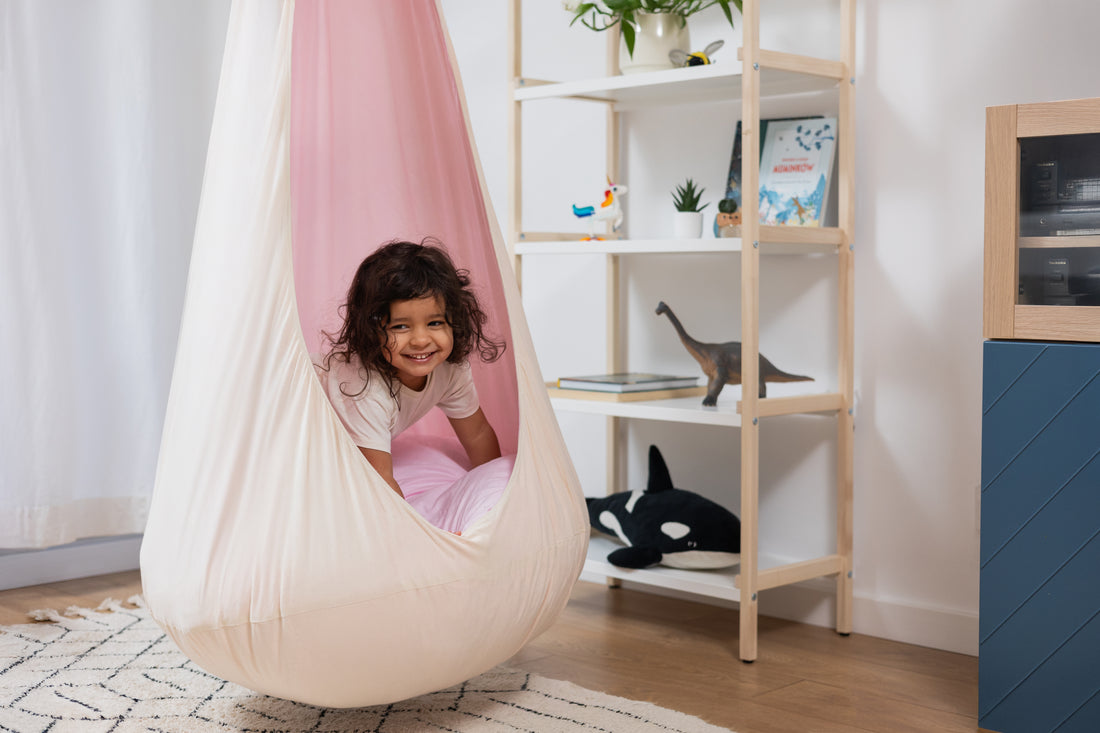 cream and pink cocoon swing | kids cocoon swing | hanging cocoon swings | indoor swing | kids hanging chair swing | pink cocoon swing for girls |