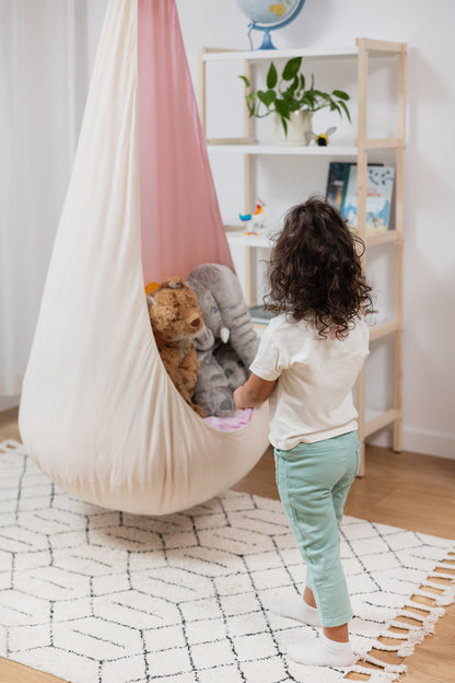 cream and pink cocoon swing | kids cocoon swing | hanging cocoon swings | indoor swing | kids hanging chair swing | pink cocoon swing for girls |
