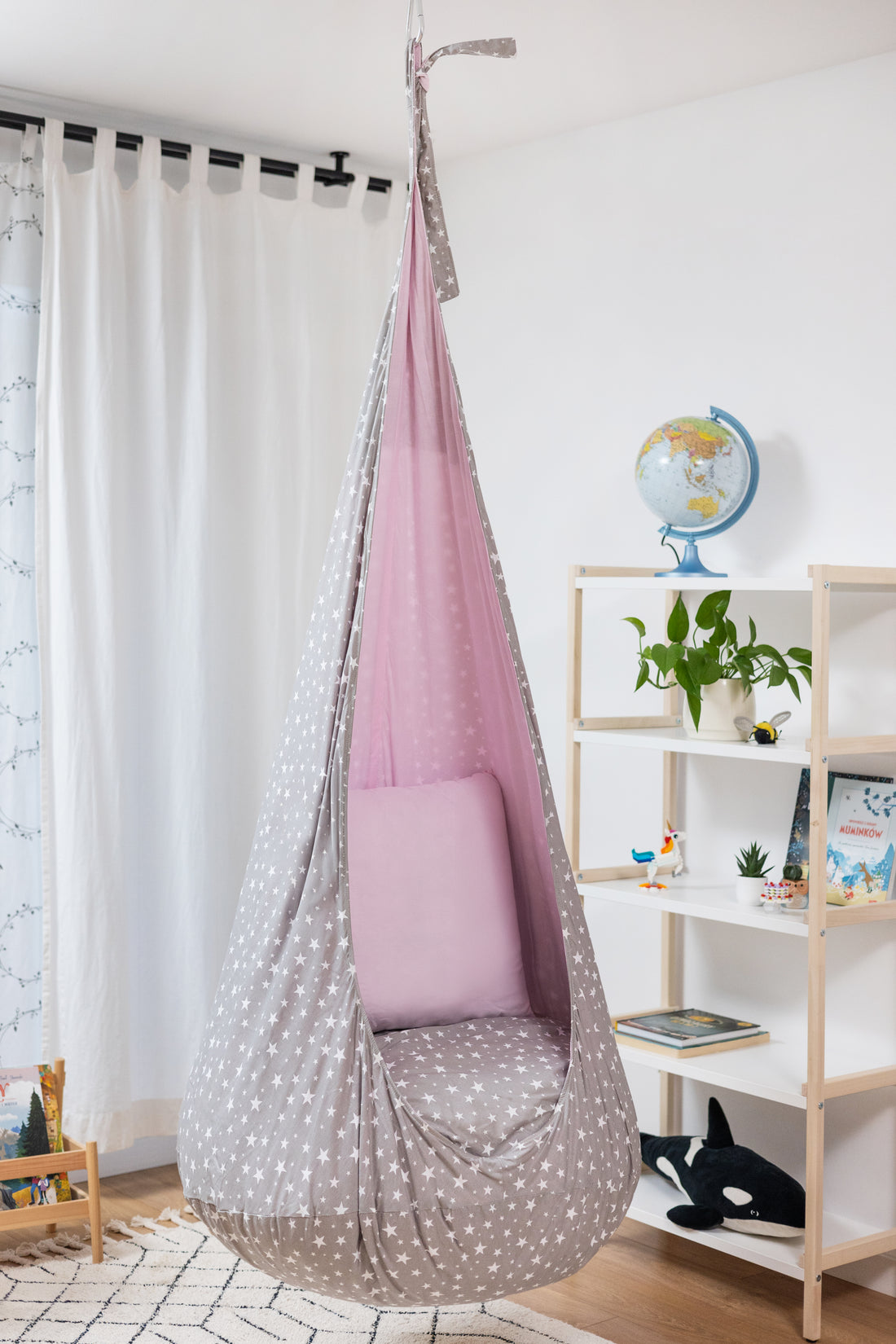 grey and pink cocoon swing with stars | kids cocoon swing | hanging cocoon swings | indoor swing | kids hanging chair swing | pink cocoon swing for kids |