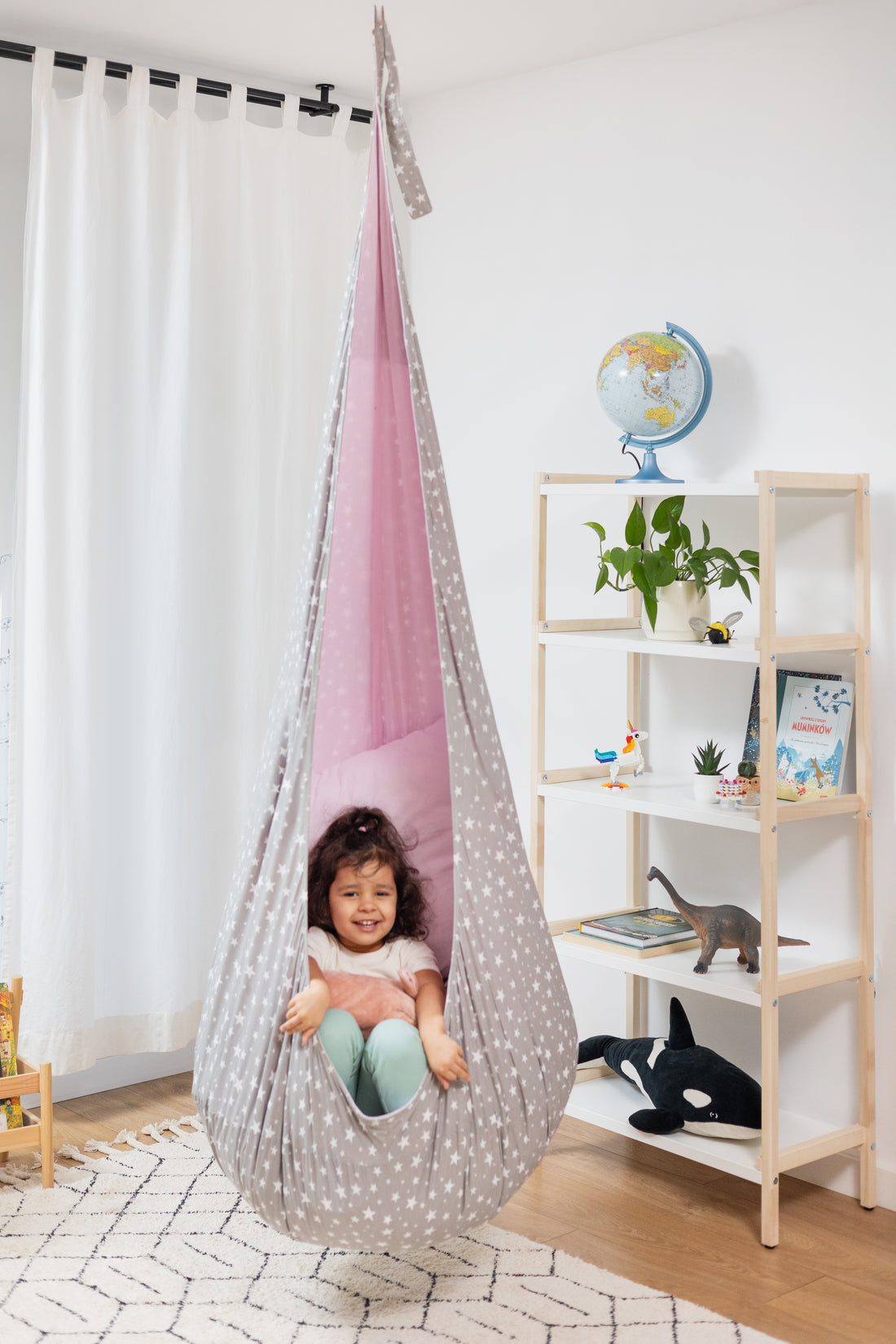 grey and pink cocoon swing with stars | kids cocoon swing | hanging cocoon swings | indoor swing | kids hanging chair swing | pink cocoon swing for kids |