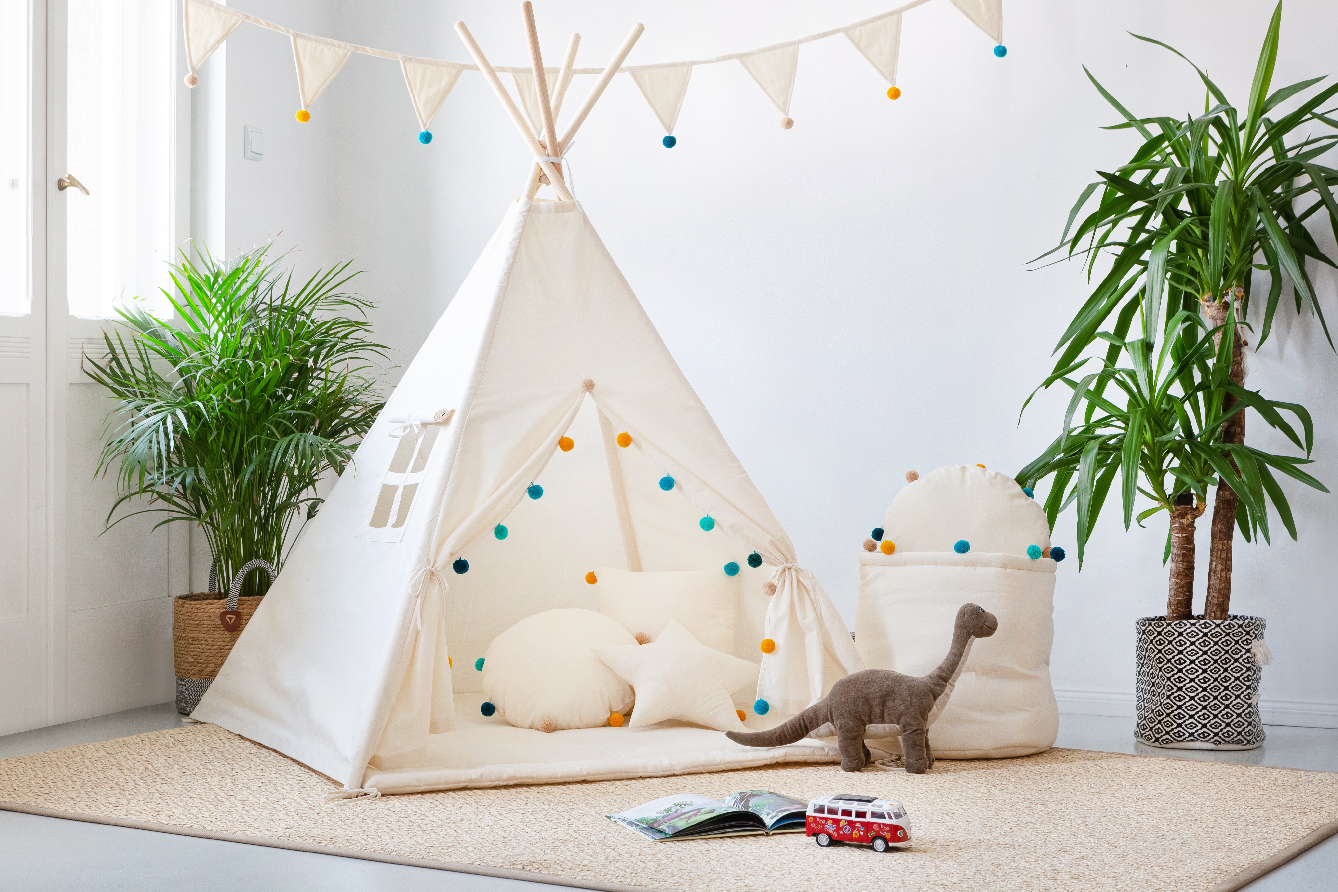 Kids Tipi Tent Rainbow Cream Teepee with Pom Poms Kids Fabulous