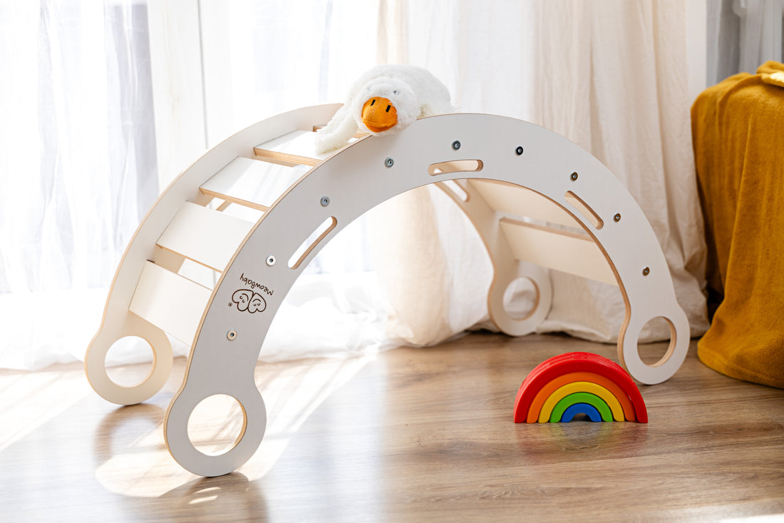 MeowBaby rocker | rocker for baby with slide and ladder | rocker for toddler | rocker with cushion | Montessori Climbing Arch Swing | Balancing Wooden Arch Swing with Pillow | Wooden Climbing Montessori Arch Rocker Swing for Toddler and Kids |