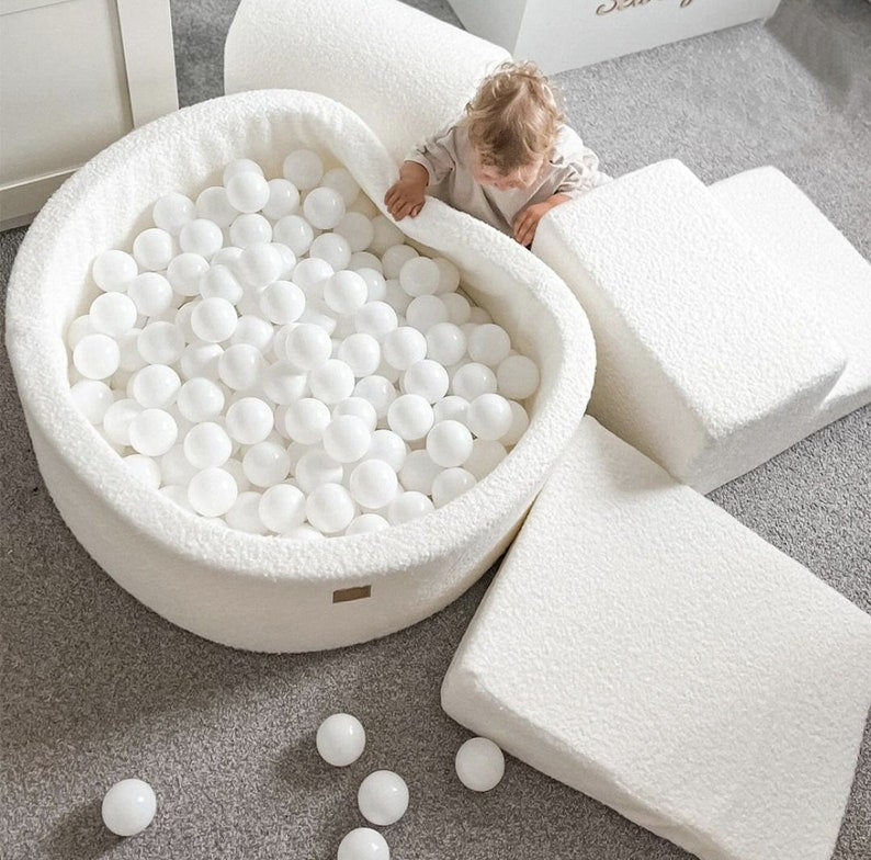 White Boucle Soft Play Set | White Boucle Soft Play + Ball Pit | Boucle Soft Play | White Boucle Soft Play Blocks | MeowBaby® White Boucle Foam Playset + Ball Pit + Balls | Playground for Children + Balls