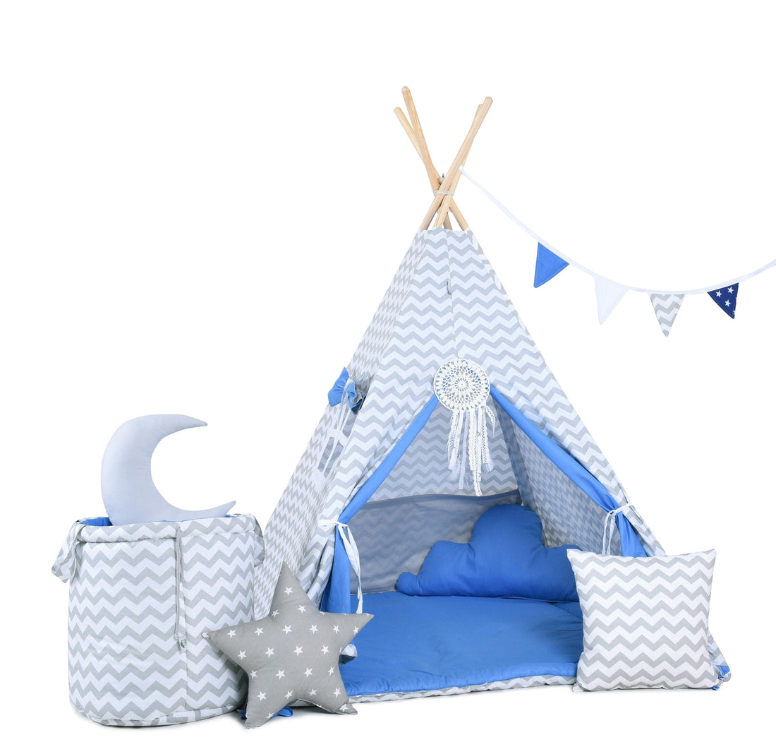 Kids Tipi Tent - Police Zigzag | Blue Teepee | 