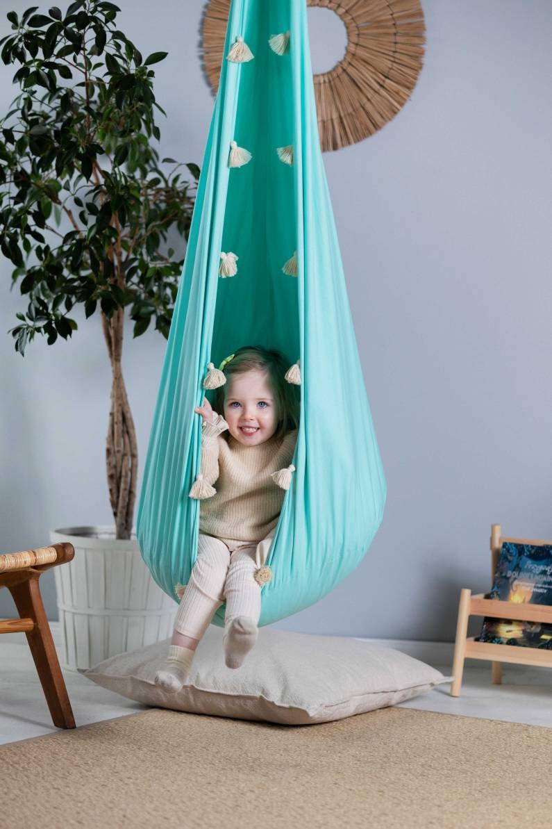 Mint Cocoon Swing for kids with tassels