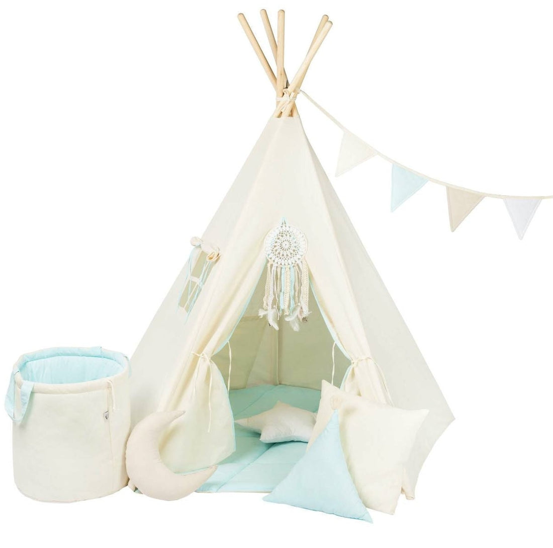 cream and blue teepee tent for kids