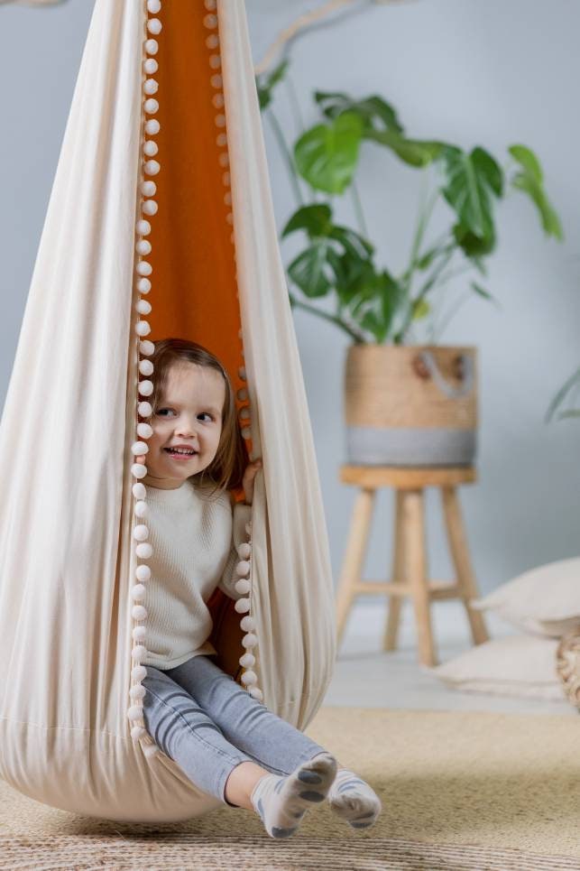 | cream and mustard cocoon swing | kids cocoon swing | hanging cocoon swings | indoor swing | kids hanging chair swing | cream cocoon swing for kids |