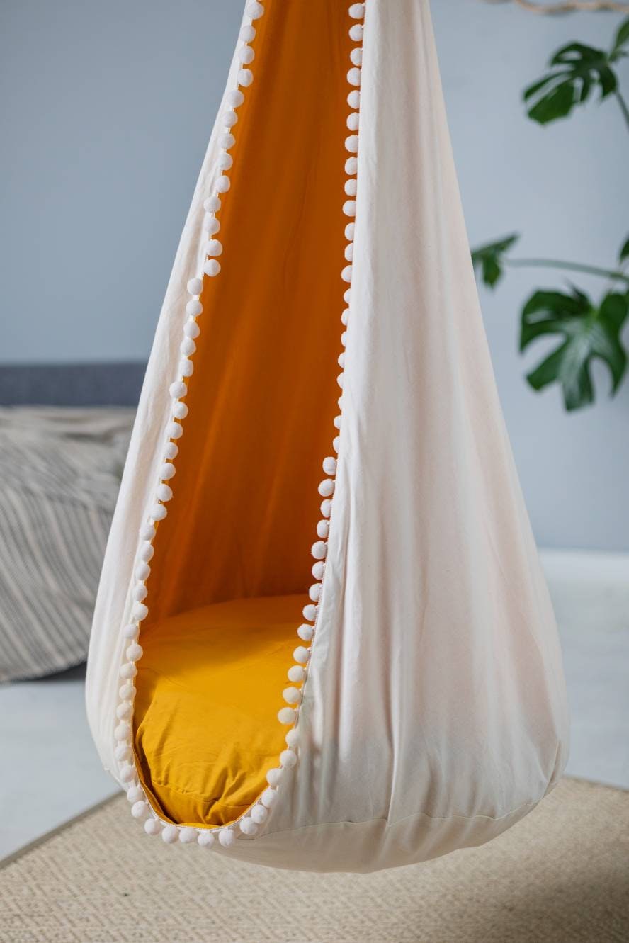 | cream and mustard cocoon swing | kids cocoon swing | hanging cocoon swings | indoor swing | kids hanging chair swing | cream cocoon swing for kids |