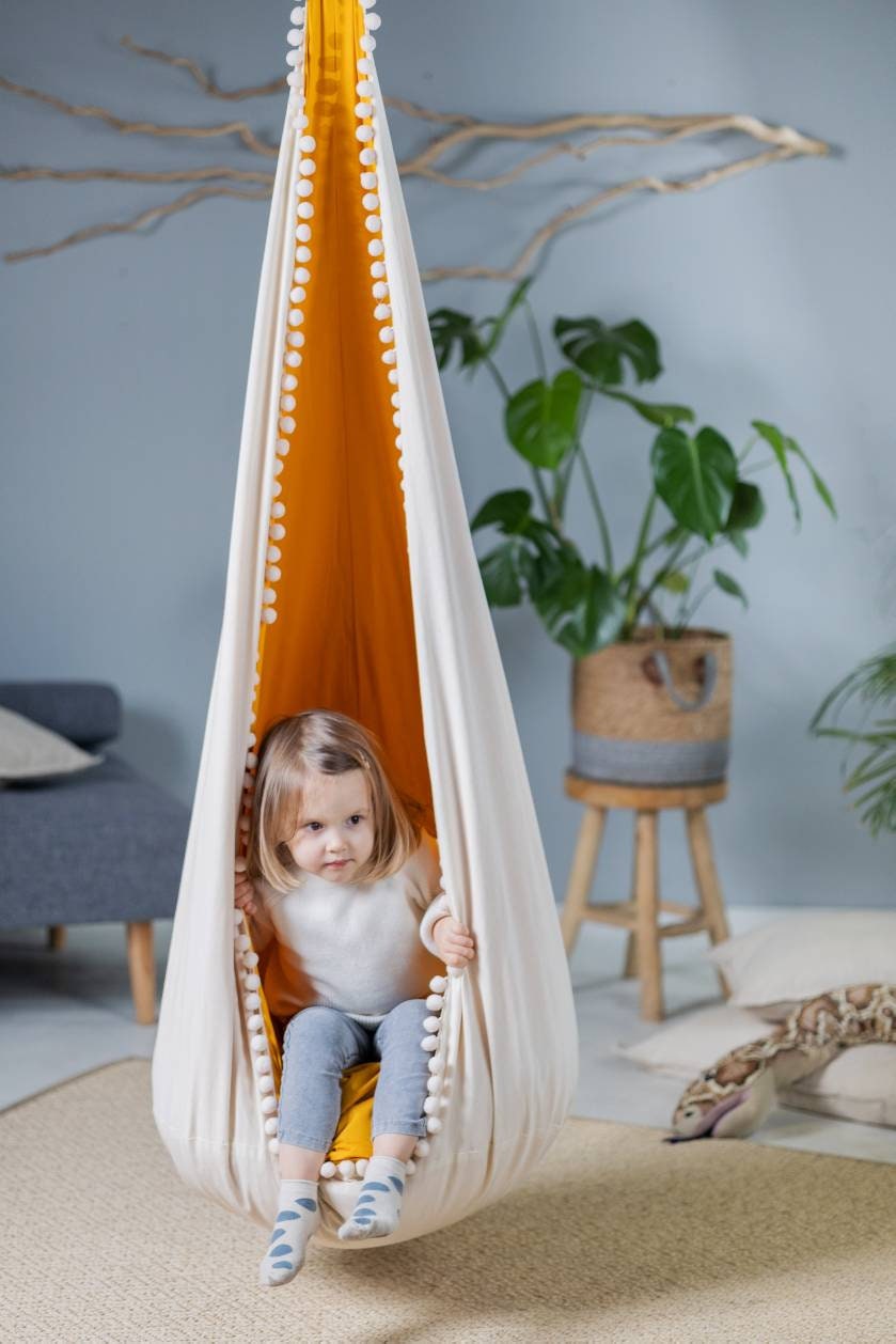 | cream and mustard cocoon swing | kids cocoon swing | hanging cocoon swings | indoor swing | kids hanging chair swing | cream cocoon swing for kids |