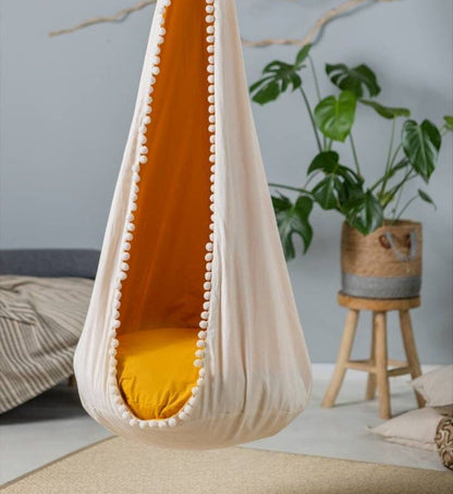 | cream and mustard cocoon swing | kids cocoon swing | hanging cocoon swings | indoor swing | kids hanging chair swing | cream cocoon swing for kids |